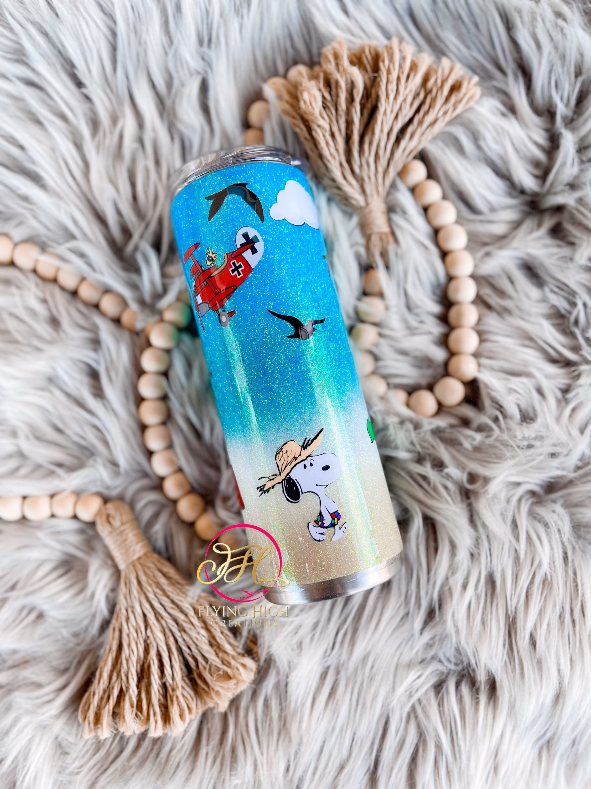Summer Snoopy Glitter Tumbler, Collection Seasons Peanuts Woodstock Beach Cup