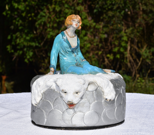 Signed Antique Terre De Retz French Art Deco Powder Box With Lady & Bear Rug