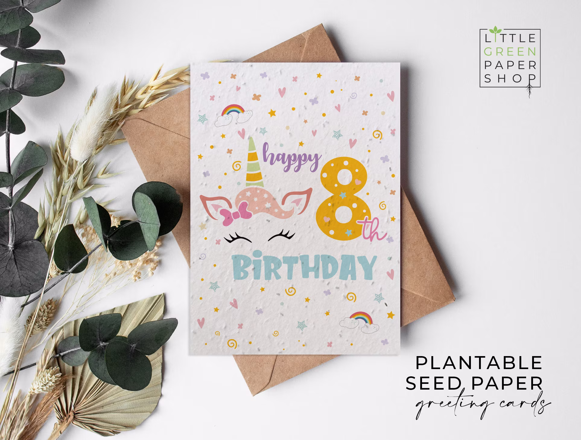 Plantable Flower Seed Paper Cards A6 - Birthday Unicorn 8 Birthday, Kids, Girls, Friends, Greeting, Gardening, Eco-Friendly, Biodegradable
