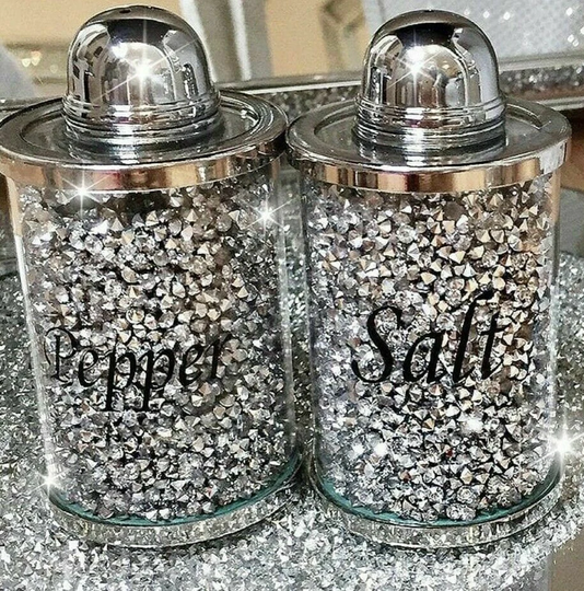 Silver Crushed Crystal Diamond Salt & Pepper Shakers Romany Style
