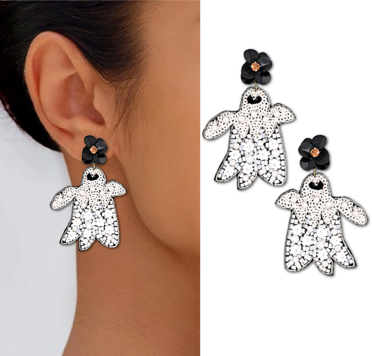 Halloween Ghost Floral Seed Beaded White Statement Gift Earrings