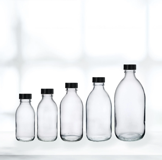 Clear Glass Sirop Bottles With 28mm | R3 Black Pp Polycone Screw Cap 100Ml, 150Ml, 200Ml, 250Ml, 500Ml Medicine