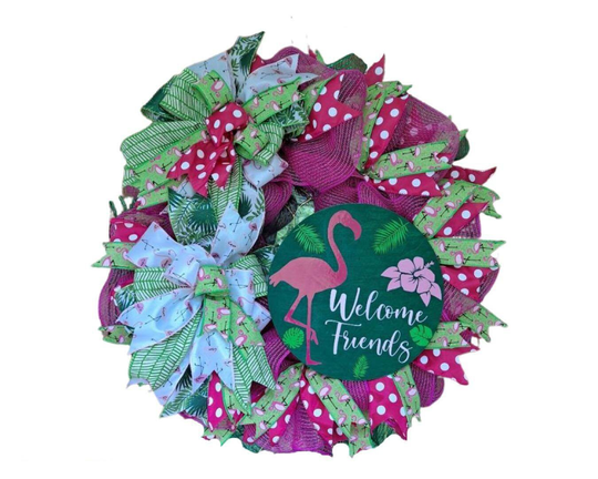 Flamingo Wreath, Hot Pink Summer Home Decor, & Green Welcome Friends, Hibiscus Flamingo Wreath