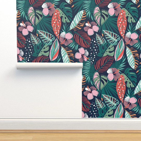 Tropical Wallpaper - Moody Night By Selmacardo Green Pink Mint Hibiscus Removable Self Adhesive Roll By Spoonflower