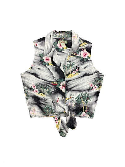 1990S Vintage Women's Tommy Bahama Collared Hawaiian Print Tie Front Sleeveless Crop Top With Tropical Hibiscus Floral Motif - Size M/L