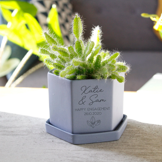Engagement Hexagon Plant Pot - Personalised Couples New Home Gift Cacti Succulent Lover Congratulations