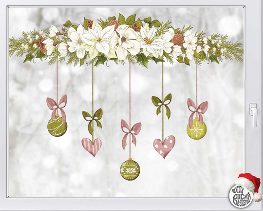 Christmas Decoration Window Cling - Pink Green Garland & Xmas Baubles Sticker Set Seasonal Winter Decals By Dizzy Duck