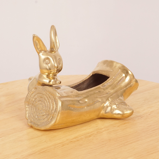 Plant Pot/Container Pen Holder || Wooden Log Shape With A Rabbit Vintage Solid Brass Quite Heavy Great Vintage Condition