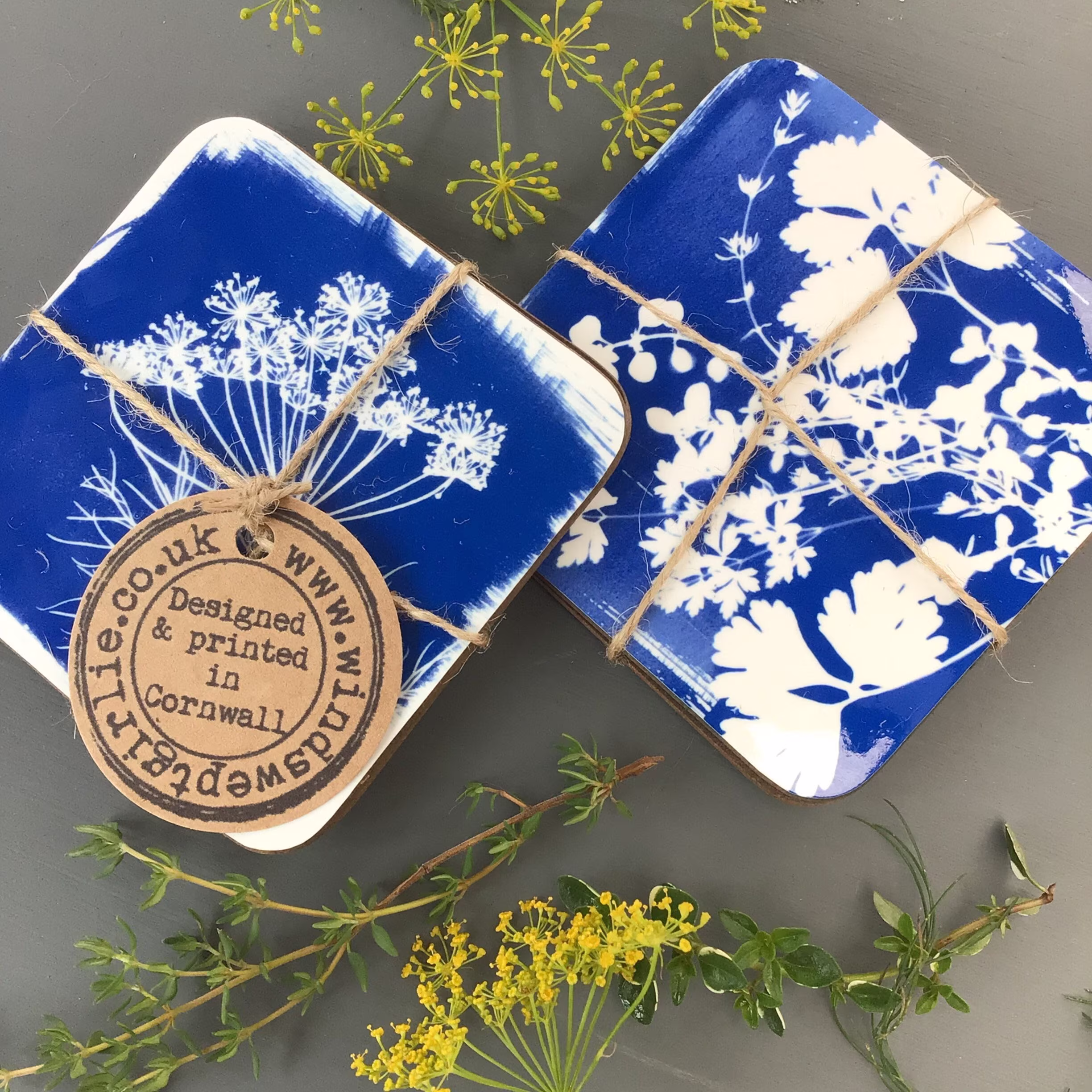 Cyanotype Print Coasters, Garden Herb Decor