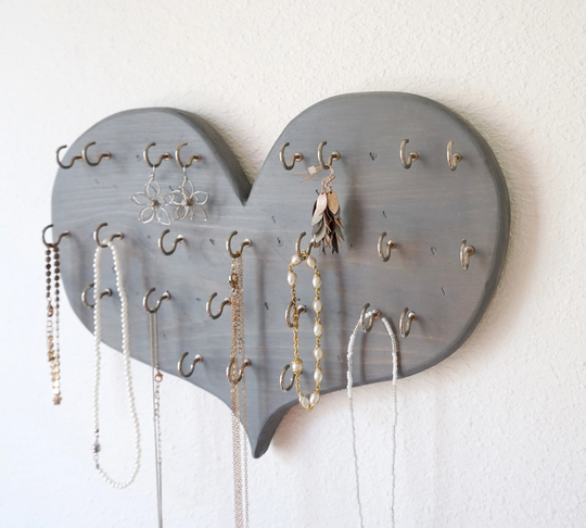 Wall Mounted Jewelry Organizer, Wooden Heart in Grey Color, With Steel Hooks, Earring, Rings, Bracelets, Display
