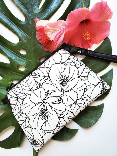 Hawaii Purse Clutch Wristlet With Adjustable Shoulder Bag Straps & Hawaiian Print Hibiscus Flower Design