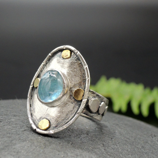 Aquamarine Ring Silver & Gold, Organic Rustic Ring, Adjustable Gemstone Oxidized For Woman, March Birthstone Contemporary