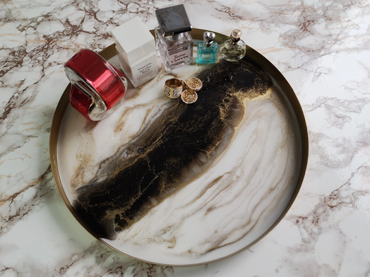 Round Marble Vanity Tray From Brass & Epoxy Resin, Perfume For Dresser, Brass Perfume Organize