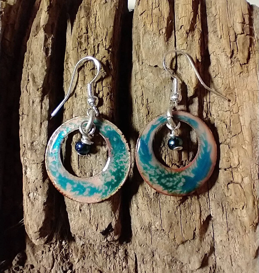 Organic Teal & Copper Hoops Dangle Enamel Earrings
