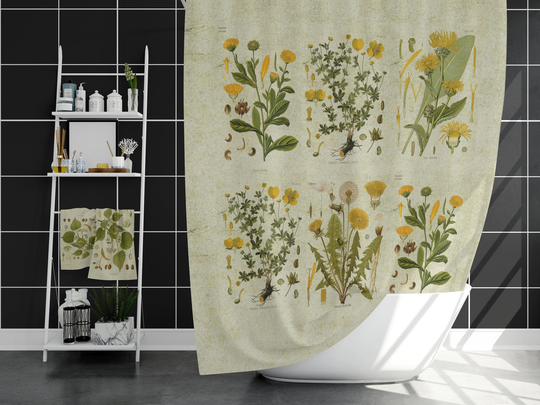 Retro Shower Curtain With Yellow Flowers, Botanical Bathroom Décor, Neutral Colors Country Home Décor