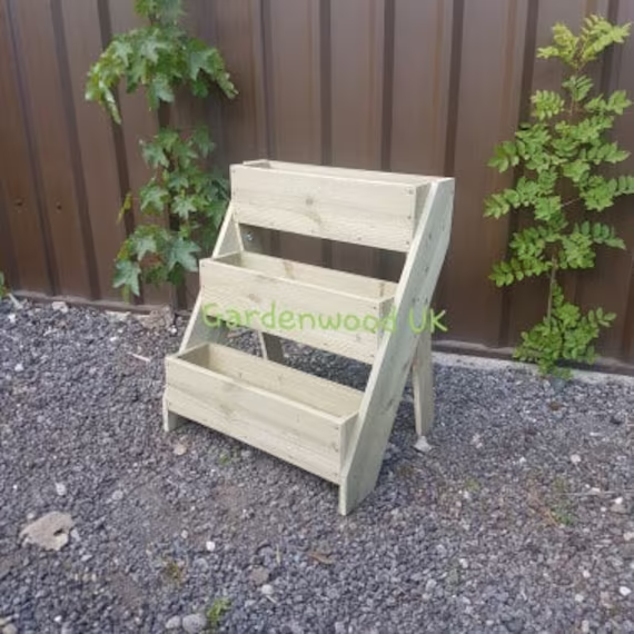 Rustic Wooden 3 Tiered Garden Herb Planter 600mm Wide. Freestanding Ladder Planter. Multi-Level Step Box Trough