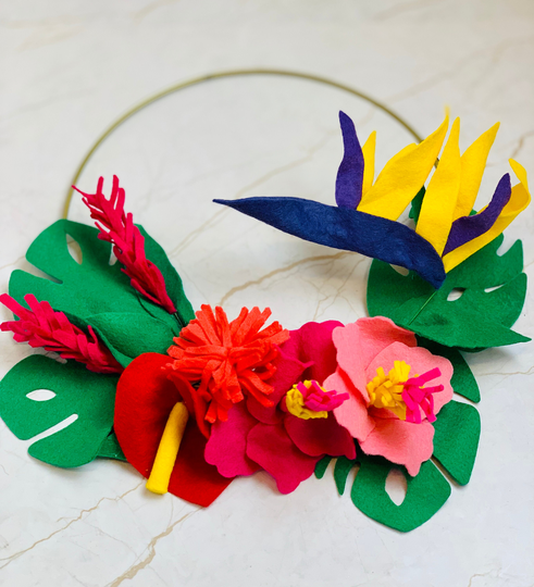 Tropical Floral Hoop Wreath Nursery Or Home Decor With Felt Flowers & Monstera Leaves