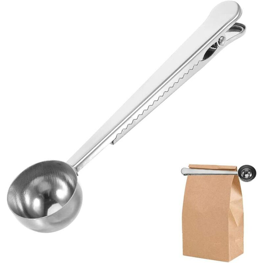 Coffee Measuring Spoon Sealing Clip, Coffee Bag Clip Stainless Steel Ground Coffee Coffee Scoop Spoon with Bag Sealing Clip 2 in 1 Dual-Purpose