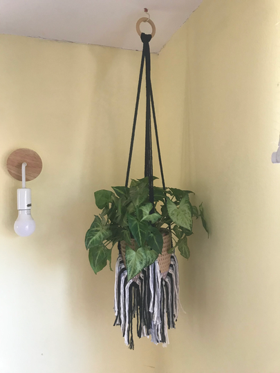 Monochrome Plant Hanger, Boho Fringe, Indoor Pot Holder, Monochrome Decor, Black Grey Natural Home Gift For Lover