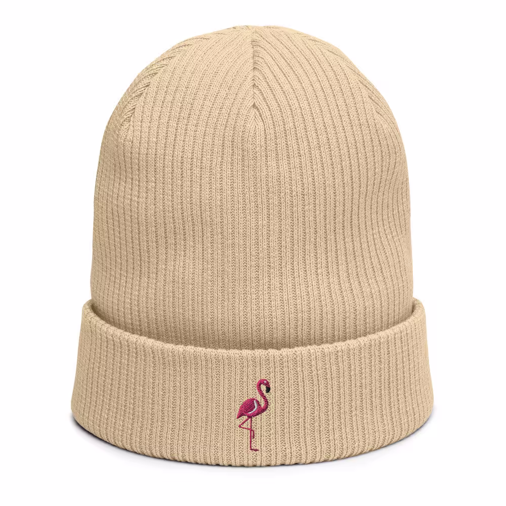 Organic Ribbed Beanie Embroidered With Flamingo