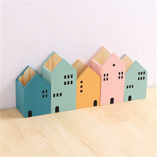 House Shape Wooden Desk Pen Holder | 1 Piece Organizer Makeup Storage Box Desktop Office Pencil Stand Case, Stands