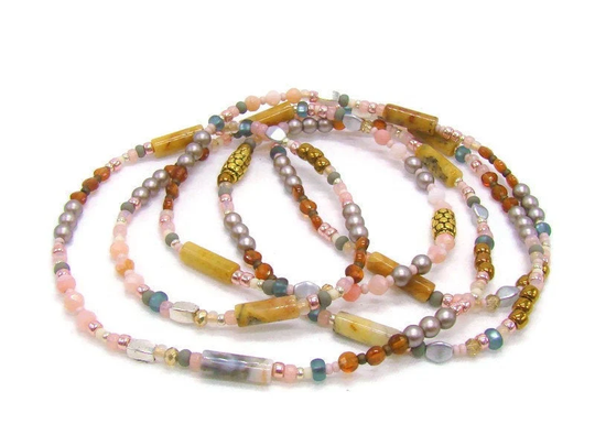Seed Bead, Stretch Necklace/Wrap Bracelet/ Anklet With Garnets, Pink Opals & Crazy Lace Agate Beads