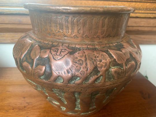 Antique Middle Eastern Copper Planter, Persian Repousse Cache Pot, Plant Heavy Pot