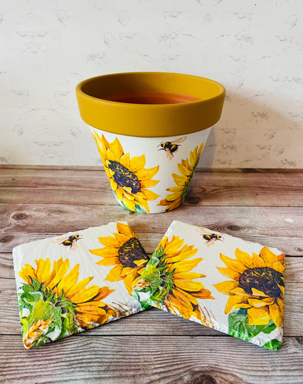 Sunflower Flower Pot, Plant Coasters, Themed Gifts, Home Decor