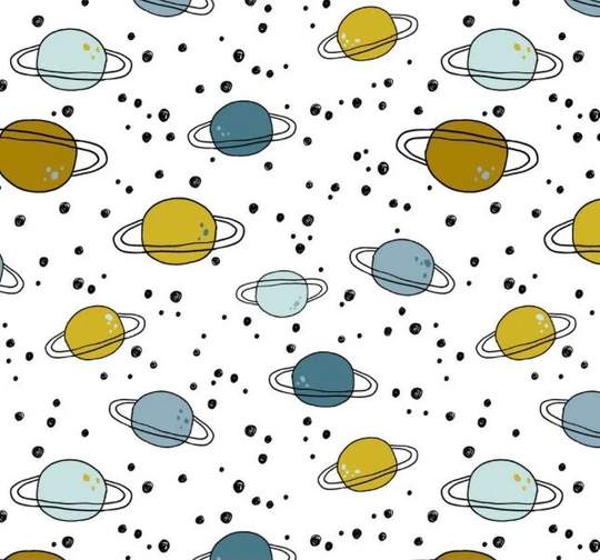 Planets Organic Cotton Jersey Fabric, White Planets Cotton Jersey, Childrens Organic Space