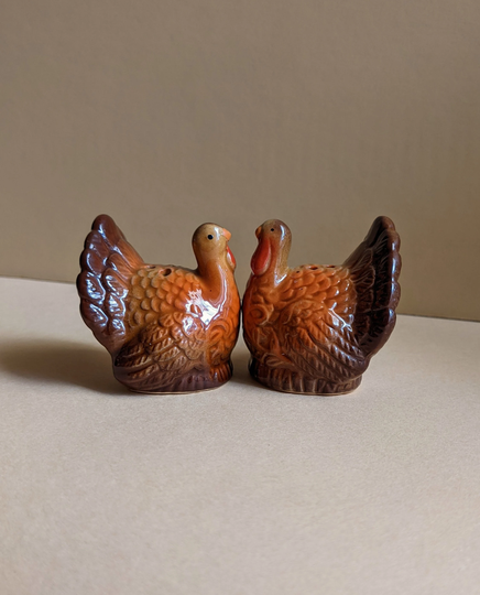 Vintage Thanksgiving Salt & Pepper Turkeys, Ceramic Stoneware, Red Yellow Brown, Pattern, Handmade Spanish