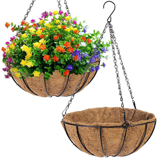 Bearsu - 2PCS Metal Hanging Planters Basket with Coir Liner, 12 Inch Round Wire Plant Hanging Basket with Chain, Porch Decor Flower Pots Hanger