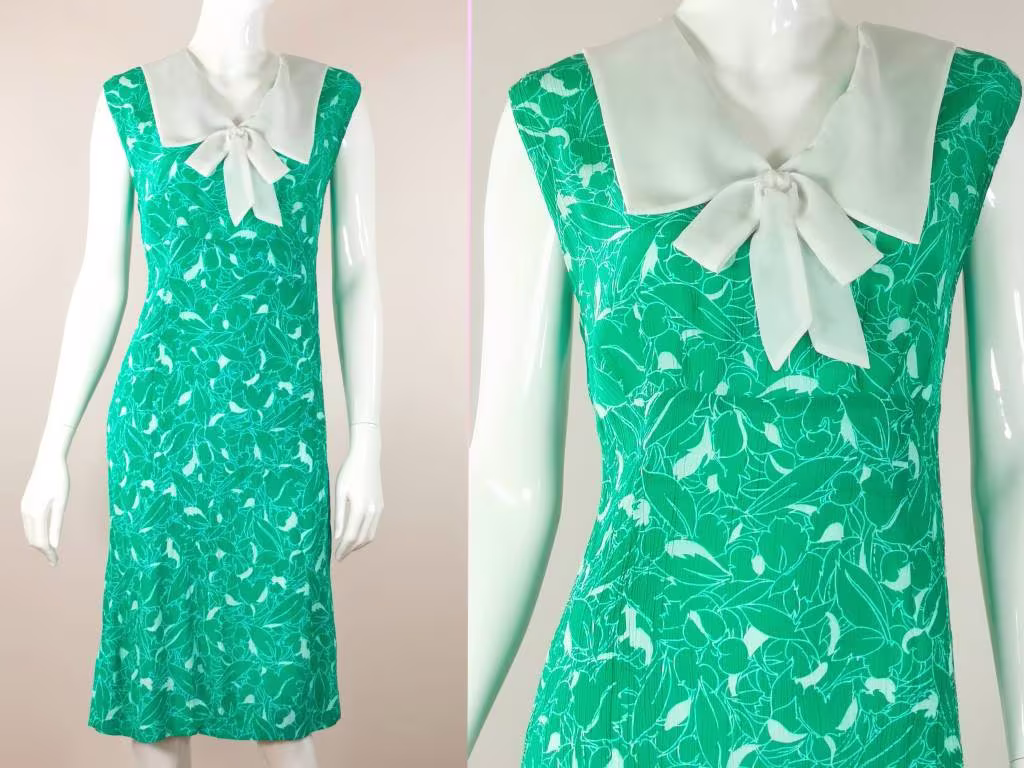 80S Vintage Bow Neck Green Tea Dress - Sleeveless Cocktail Summer Party Day White Floral Knee Length Shift S
