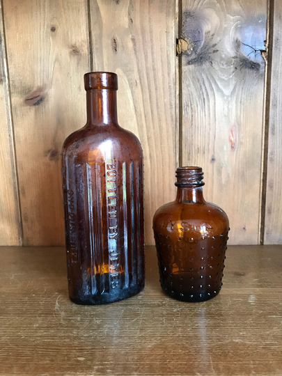 Lovely Set Of 2 Vintage Dark Amber Chemist Medicine Bottles