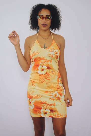 90S 00S Y2K Vintage Orange Hawaiian Hibiscus Floral Halter Dress