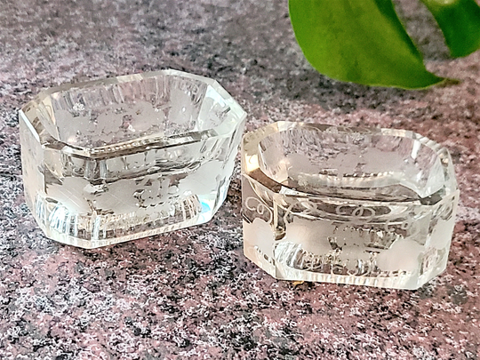 Crystal Etched Salt Cellars | Chips Grape Leaf Octagonal 8 Sided Thick Glass Vintage 30S To 60S, Outlet Store