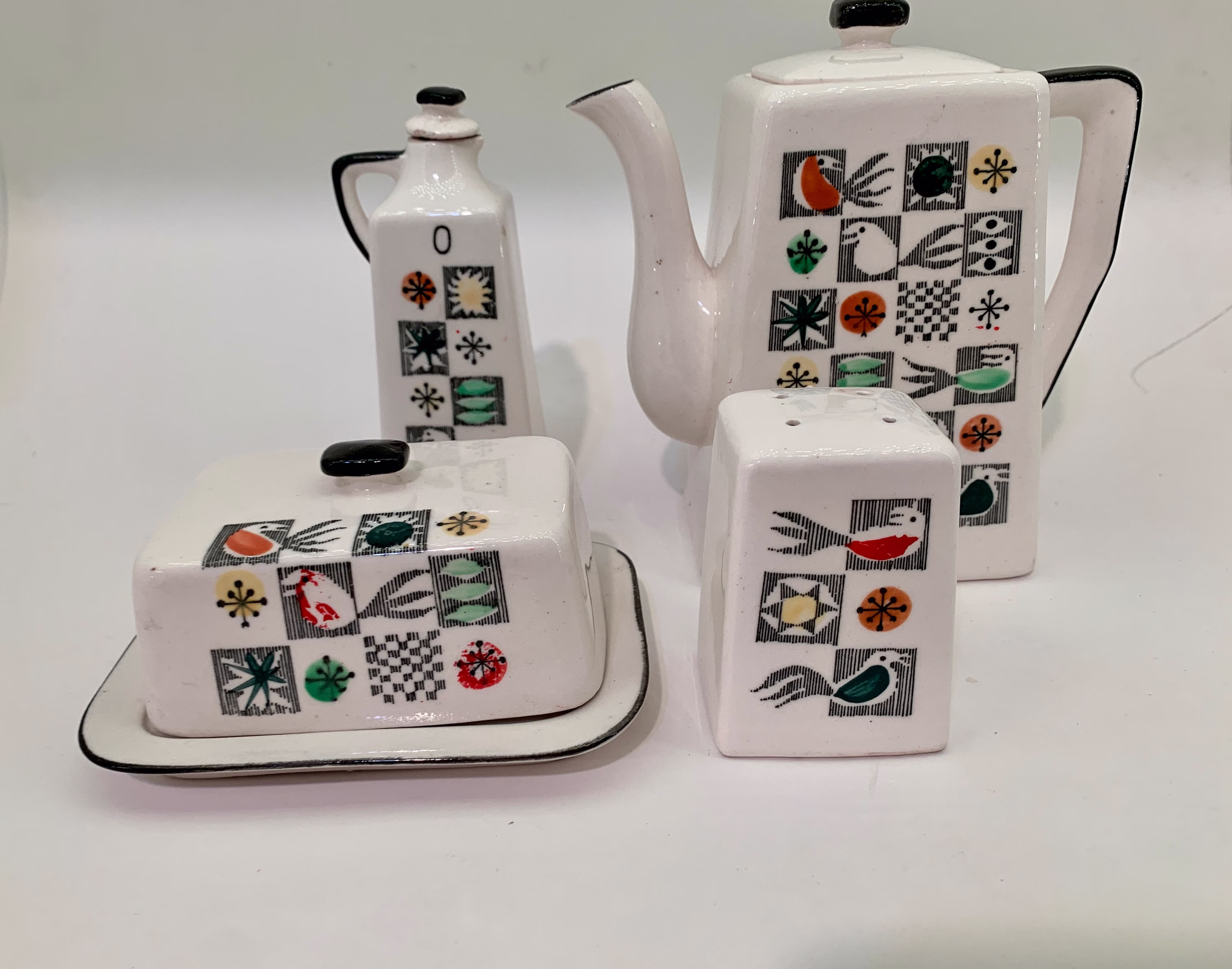 Vintage Kitchen Set, Tea Pot, Butter Plate, Oil Pitcher, Salt Shaker, Mid Century, Retro
