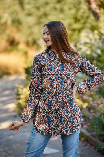 Indrani/Beige-Tunic Shirt, Pure Cotton, Hand Block Printed, Bohemian, Casual-Occasional, Ajrakh, All Season, Blue, Red, Handcrafted, Ethical Fashion
