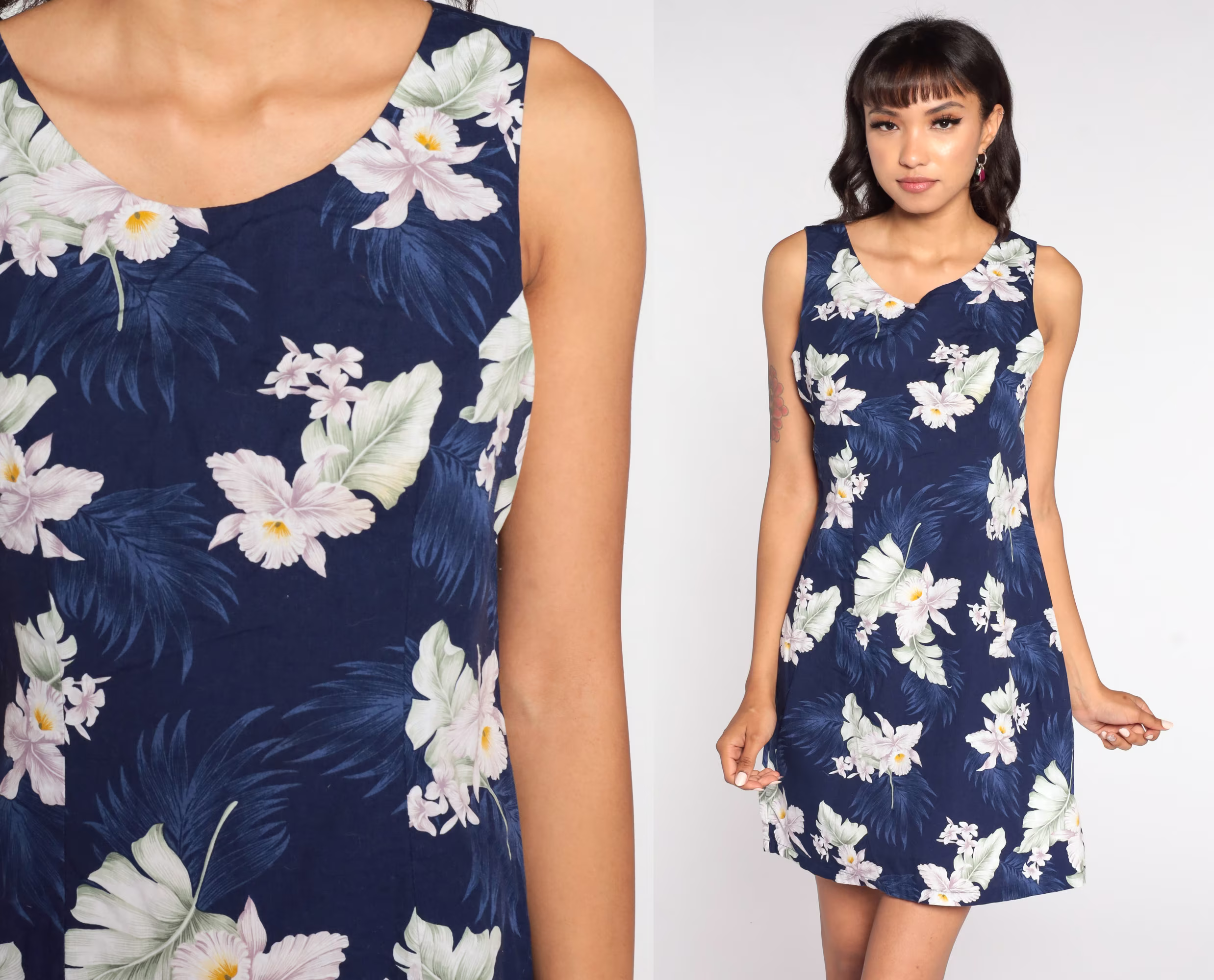 Blue Hawaiian Dress Floral Tropical Mini 80S Hibiscus Surfer Sundress 1980S Surf Vintage Sleeveless Summer Shift Small Medium