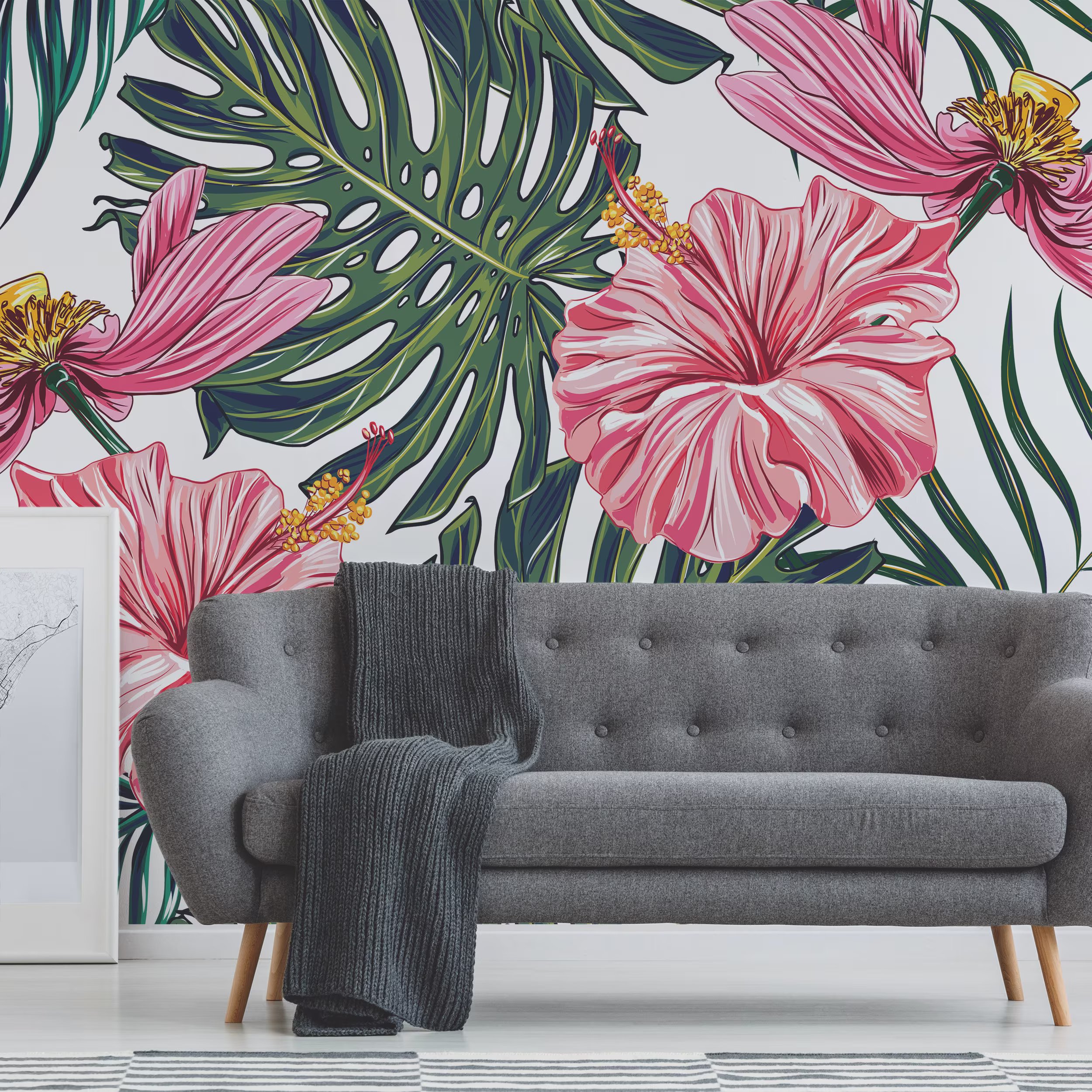 Pink Floral Tropical Hibiscus Wallpaper Mural - Removable Self-Adhesive