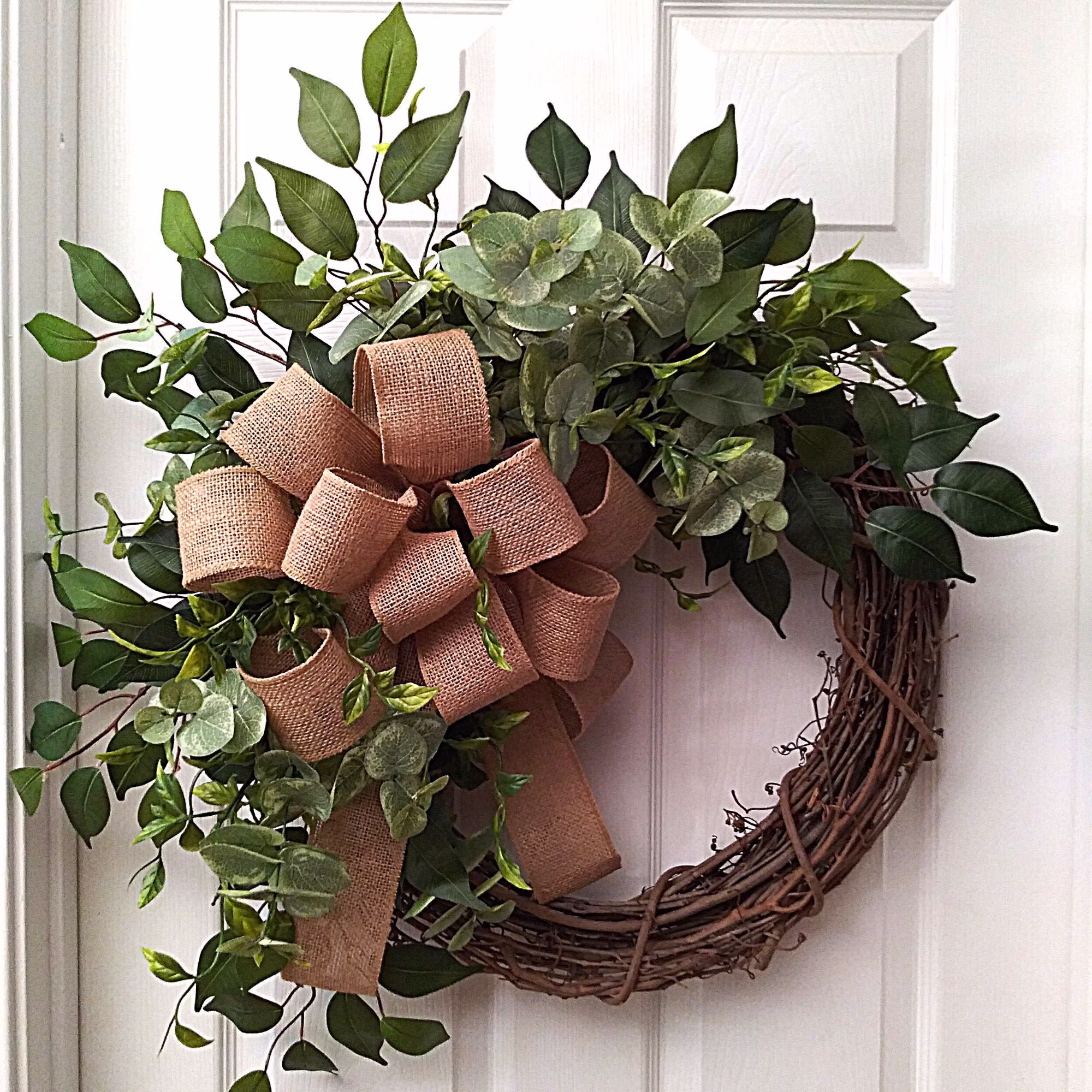 Simple Greenery Wreath For Front Door, All Season Wreath, Everyday Year Round, Burlap Rustic Farmhouse