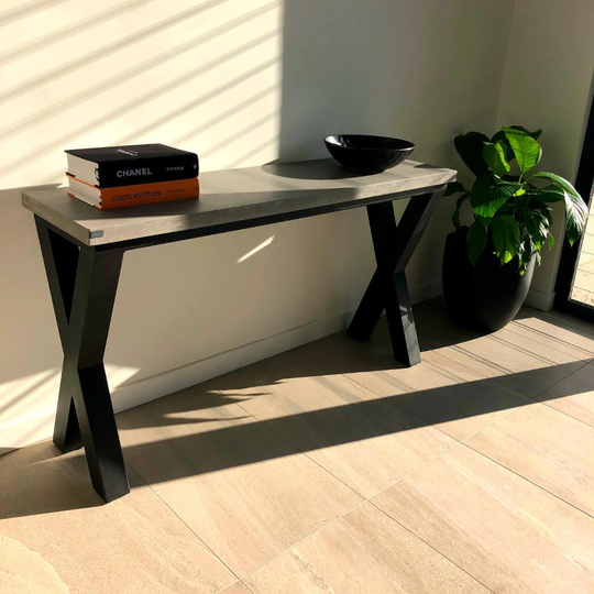 1.4M Concrete Hall Table, Console, Stand, Black Powder Coated Cross Steel Base. Entry Furniture, Bespoke Stand