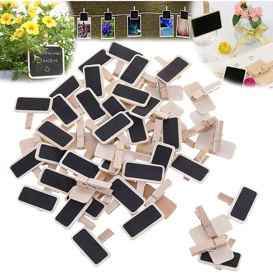 Heguyey - Pack of 50 wooden board with clip, mini small board memo board, wooden photo folder, as table decorations, card holders, name tags, herb