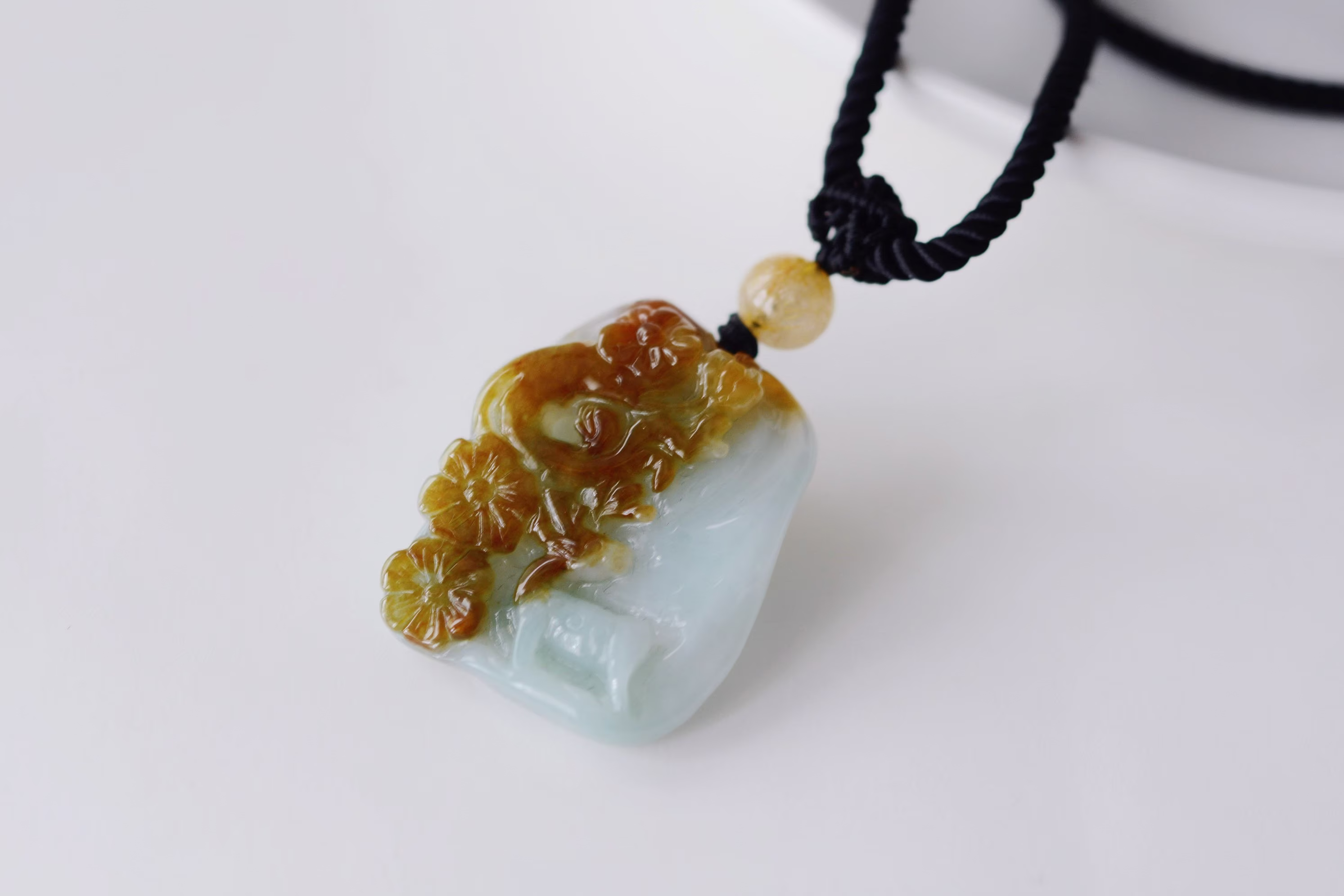 Genuine Grade A Jadeite Jade Carved Sika Deer & Plum Blossom Pendant, 天然无优化翡翠雕刻梅花鹿吊坠