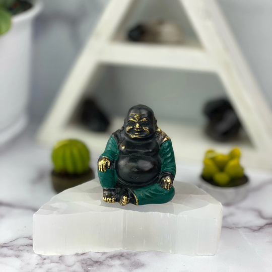 Brass Happy/Prosperity Buddha in Teal Robe Mini Statue | Up3-06