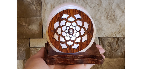 Himalayan Salt Round Wooden Lotus Accent Lamp