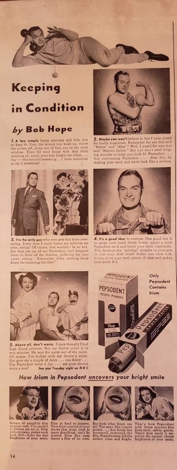 1943 Pepsodent Tooth Powder Toothpaste Bob Hope Oral Dental Health Irium Teeth Smile Vintage Print Ad