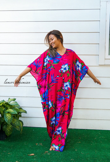 Hibiscus Boho Kaftan Dress, Loose Fit Beachwear, Loungewear, Summer Clothing, Swimsuit Cover Up, Hawaiian Caftan