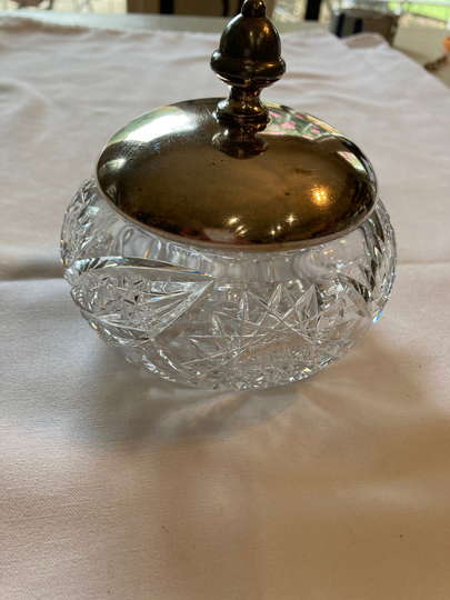Vintage Dressing Table Vanity Round Cut Glass Box With Silver Top. For Powder Or Trinkets. Reduced