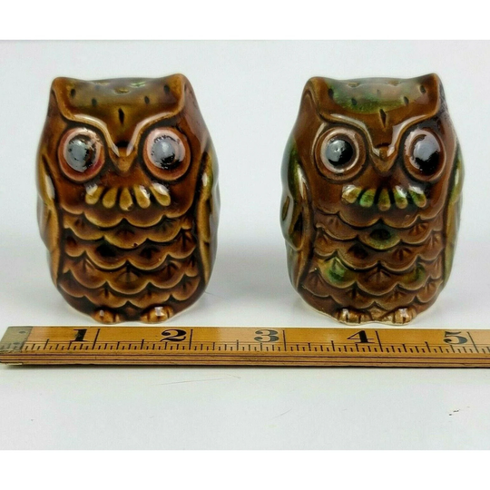 Owl Ceramic Salt & Pepper Shakers Brown Green 3D