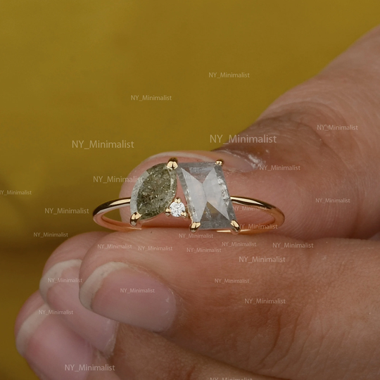 Baguette & Marquise Cut Gray Salt & Pepper Rough Diamond Stackable Ring in Solid 14K Yellow Gold Minimalist Jewelry
